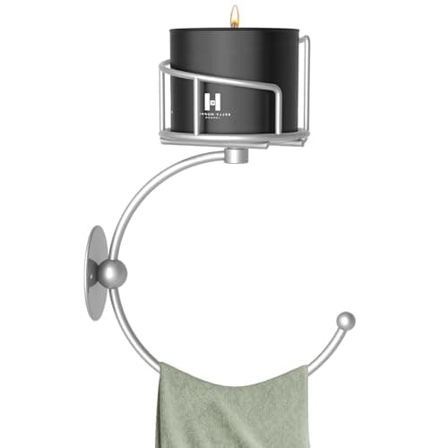 Zylbb Modern Hand Towel Holder with Candle Holder for Wall, Metal Towel Hook for Bathroom Wall, Rustic Towel Ring, Sturdy Wall Mounted Hanger for Bathroom, Kitchen, Entryway (Silver) - Image 1