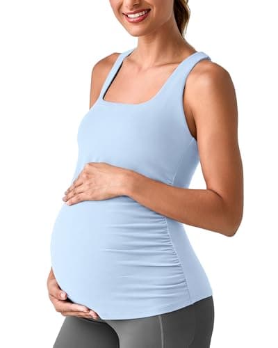 G4Free Maternity Top Sleeveless with Built in Bra Stretchy Slim Fit Pregnancy Clothes Square Neck Yoga Athletic Tank Tops(Light Denim,XS) - Image 1