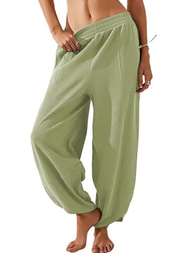 EGUGYDW Womens Baggy Wide Leg Pants Elastic High Waisted Palazzo Harem Trousers With Pockets Light Green XL - Image 1