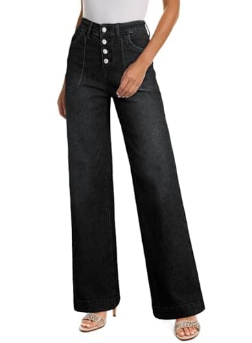 SHEWIN Women Jeans Spring Straight Leg High Waist Pants Trendy Petite Stretchy Strech Loose Denim Jean Inseam 29, Size 16, Black - Image 1
