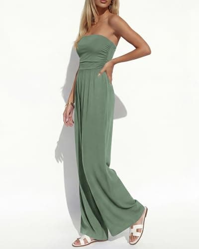 BTFBM Jumpsuits For Women Summer 2026 Beach Vacation Strapless Tube Top Jumpsuit Ruched Casual Wide Leg Pant Rompers(Sage Green, Medium) - Thumbnail 4