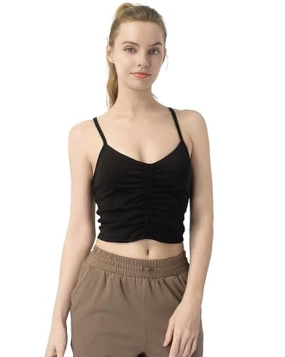 Women's Bra Top Crop Camisole - Front Shirring, Back Drawstring, Built-in Removable Cups, Moisture-Wicking Fabric Black - Image 1