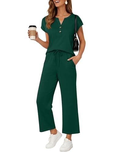 JINKESI Two Piece Sets for Women Summer Outfits Lounge Sets V-neck Tops Wide Leg Pants Vacation Travel Casual Outfit Dark Green-2XL - Image 1
