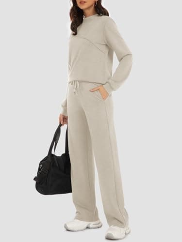 Casly Lamiit 2 Piece Outfits for Women Trendy Lounge Set Fall Mock Neck Tracksuit Wide Leg Pants Matching Sets Casual Work Travel Clothes Dark Beige M - Thumbnail 3