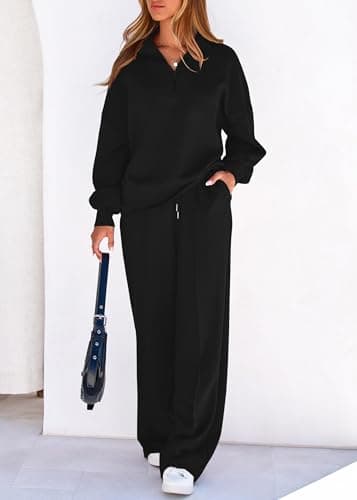 Lazysmile 2 Piece Sets For Women Lapel Half Zip Sweatshirt and Wide Leg Long Pants Sweatsuit Lounge Sets Workout Sets - Thumbnail 6