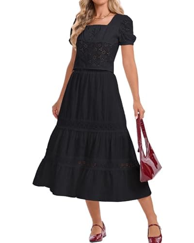 Ystguic Women's Casual Summer Spring Boho Lightweight Tiered Midi Cotton Skirt Ladies Eyelet Lace Embroidery Ruffle High Empire Waist Elasticated A Line Flowy Beach Skirts X-Large Black YG055 XL - Thumbnail 2