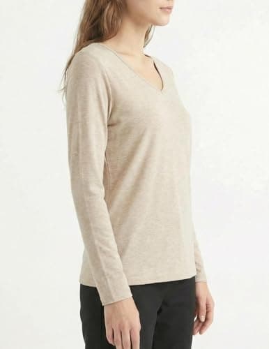 GAMISS Women's Top Casual Shirt V Neck Long Sleeve Basic Solid Color Tee Beige M - Thumbnail 3