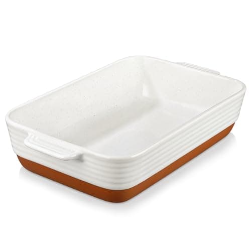 MALACASA 9x13 Ceramic Baking Dish, 4.8 QT Deep Casserole Dish with Handles, Oven Safe Lasagna Pan for Baking, Roasting & Serving, Rectangular Bakeware, Khaki & White, Tara - Image 1