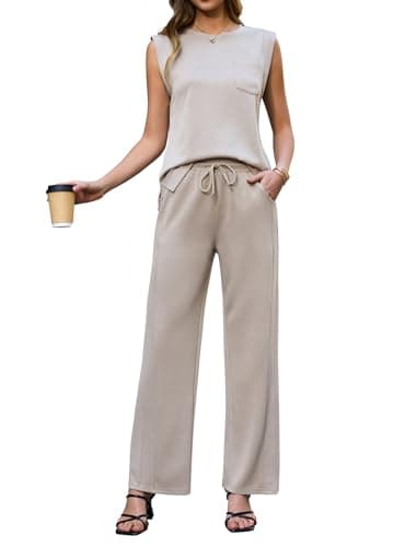difficort Travel Sets for Women 2 Piece Vest Sleeveless Tops Long Pants Business Casual Outfits Summer,Beige,XX-Large - Image 1