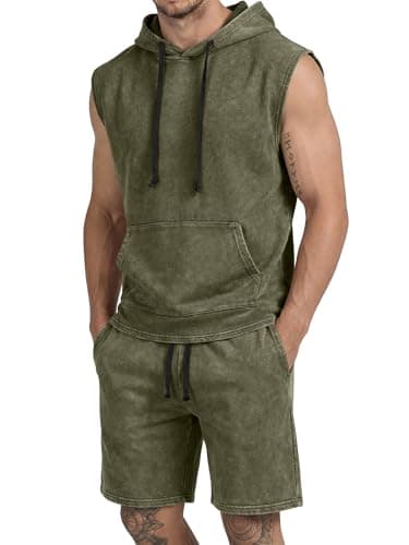 JMIERR Mens 2 Piece Set Short Set Sleeveless Hoodie Tank Top Relaxed Fit Drawstring Shorts with Pockets Acid Wash Cotton Vintage Streetwear Retro Summer Casual Outfits, Moss Green, XX-Large - Image 1