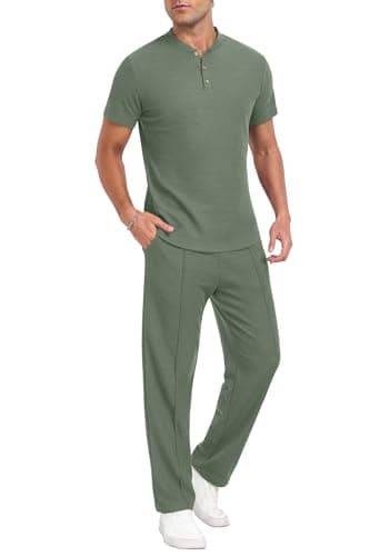 PrinStory Men's Short Sleeve Outfits Waffle Knit Henley Shirt and Pants Set Casual 2 Pieces Summer Tracksuits with Pockets Green-2XL - Image 1