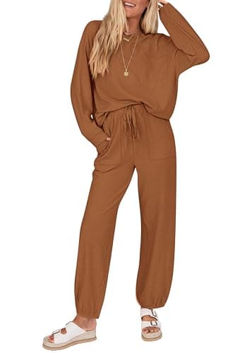 KIRUNDO Lounge Sets for Women 2026 Fall Airport Travel Outfits Ribbed Knit Tops Jogger Pants Tracksuit Postpartum Comfy Set(Dark Khaki, Medium) - Image 1