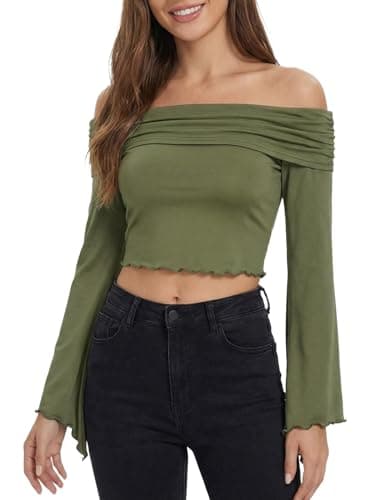 ZAFUL Women's Off Shoulder Top Crop Blouse Bardot Bell Cuff Long Sleeve Shirt Ruffle Pleated Renaissance Top Green S - Image 1