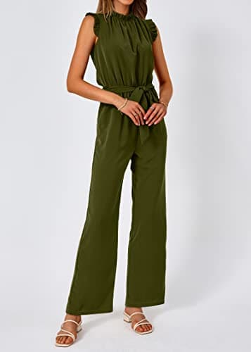 KIRUNDO Jumpsuits For Women Dressy Summer One Piece Sleeveless Ruffle Mock Neck Belt Pockets Formal Wide Leg Pants Romper(Army Green, Large) - Thumbnail 3