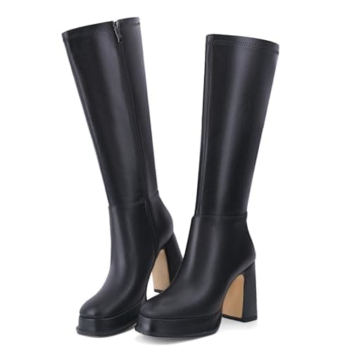QIV Black Platform Knee High Boots for Women Square Toe Chunky Block Heel Tall Gogo Boots with Zipper Size 8.5 - Image 1
