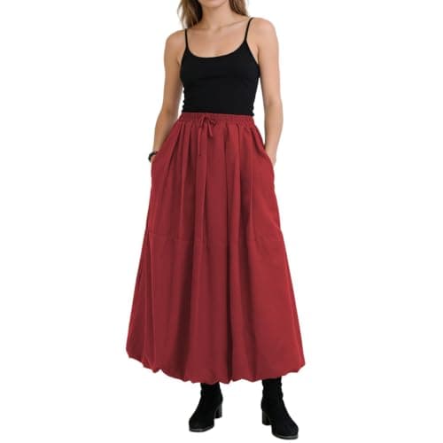 P Ammy Fashion Women's Bubble Skirt Elastic Waist Casual Party Y2K Puffy Hem A-line Maxi Long Skirts with Pockets (US, Alpha, Medium, Regular, Regular, Burgundy) - Image 1