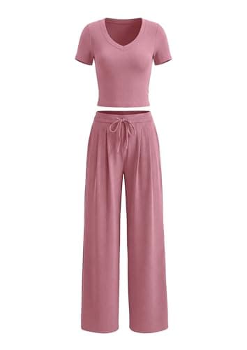PRETTYGARDEN 2 Piece Sets for Women Summer 2026 Spring Lounge Set Matching V Neck Tops Wide Legs Pants Airport Travel Outfits (Pink,Large) - Image 1