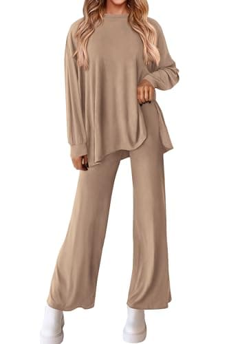 PRETTYGARDEN Womens 2026 Casual Lounge Sets Long Sleeve Tops Wide Leg Long Pants Spring Crewneck 2 Piece Outfits Tracksuits(Khaki,X-Large) - Thumbnail 2