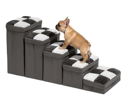 Dog Stairs with Storage, 5-Step Chessboard Plaid Handcrafted Dog Steps for Small Medium Dogs Cats, Folding Sturdy Pet Stairs Climbing Bed or Sofa, Grey