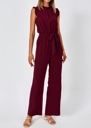 KIRUNDO Jumpsuits For Women Dressy Summer One Piece Sleeveless Ruffle Mock Neck Belt Pockets Formal Wide Leg Pants Romper(Wine Red, Large) - Thumbnail 4