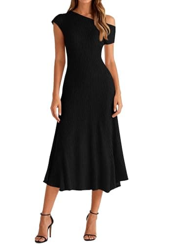 BTFBM Womens Summer Dresses 2026 Asymmetrical Neck Short Sleeve Pleated Knit Spring Sweater Midi Dress Business Casual(Black, X-Large) - Image 1