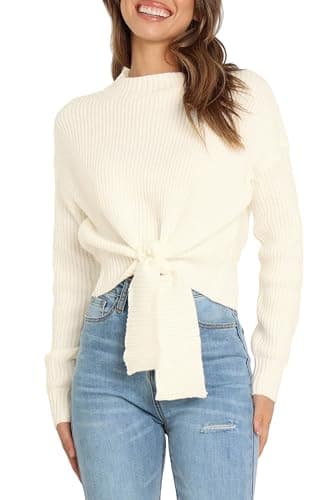 Okiwam Women's Long Sleeve Cropped Sweaters Casual Knit Pullover Tie Front Crew Neck Fall Outfits Spring Fashion Clothes 2026-L White - Image 1