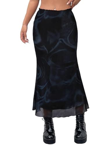 Avanova Women Tie Dye Mesh Midi Skirt High Waisted Summer Mermaid Bodycon Skirt Blue Black Medium - Image 1
