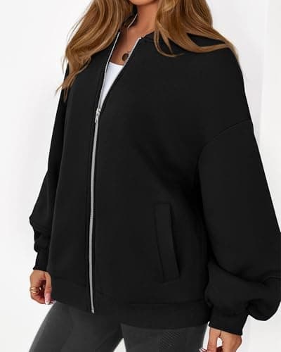 KIRUNDO Oversized Sweatshirt for Women Zip Up Bomber Jacket 2026 Fall Fashion Casual Long Sleeve Outerwear Winter Outfits(Black, X-Large) - Thumbnail 3