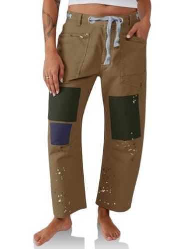 PLNOTME Womens Baggy Barrel Horseshoe Jeans Wide Leg Patchwork Low Rise Denim Pants with Pockets Khaki - Image 1