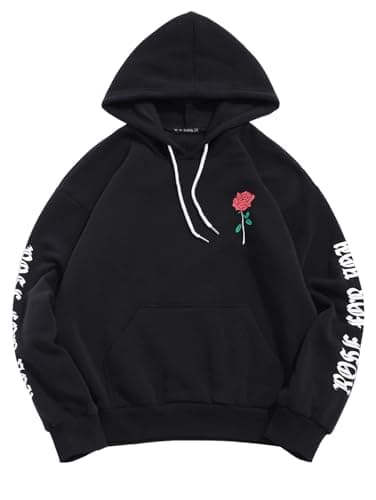 ZAFUL Men's Fleece Hoodie Unisex Rose Letter Print Hooded Pullover Kangaroo Pocket Sweatshirt Black XL - Image 1