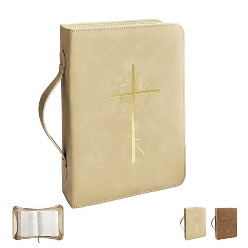 Bible Cover Case for Women, Bible Bag with Phone Pocket, PU Leather Large Carrying Book case with Minimalist Debossed Design – Christian Bible Accessories for Girls & Women (Beige) - Image 1