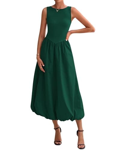 BTFBM Women's 2026 Summer Casual Sleeveless Midi Dress Patchwork Knit Tank Bubble Long Flowy Beach Maxi Sundress Pockets(Dark Green, Large) - Image 1