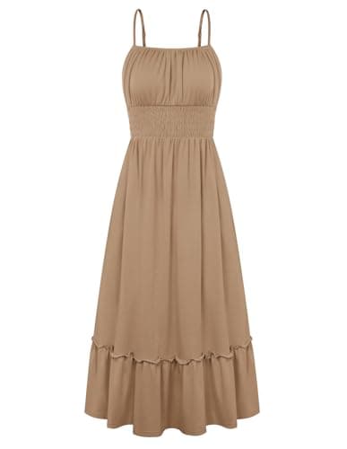 GRACE KARIN Women's Summer Maxi Dress 2026,Smocked Ruched Bust Sundress with Adjustable Straps & Pockets Light Coffee L - Image 1
