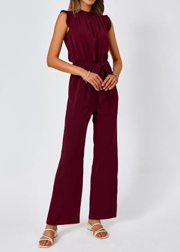 KIRUNDO Jumpsuits For Women Dressy Summer One Piece Sleeveless Ruffle Mock Neck Belt Pockets Formal Wide Leg Pants Romper(Wine Red, Large) - Thumbnail 3