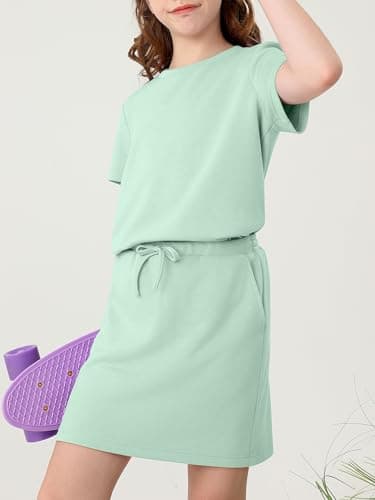 XMWEALTHY Girls Clothing Cute Summer Clothes Round Neck T-Shirt and Drawstring Athletic Tennis Skirt Sets Kids Outfits Bright Green 13-14Y - Thumbnail 3
