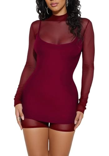 LKOUS Women's Sheer Mesh Bodycon Mock Neck Long Sleeve Mini Club Dress Red