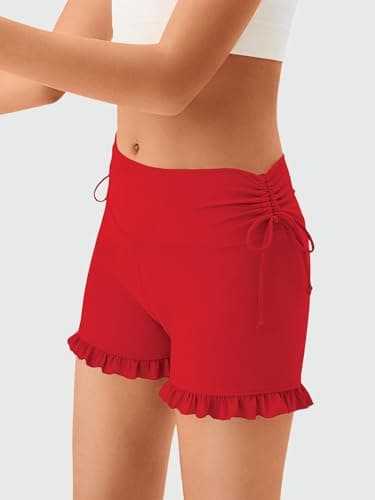 AMAWMW Girls Athletic High Waisted Ruffle Shorts Yoga Dance Cheer Shorts Teen Gymnastics Workout Shorts Red 15-16Y - Thumbnail 3