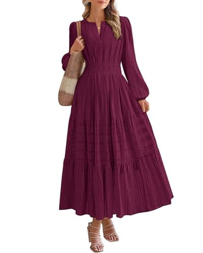 BTFBM Spring Dresses for Women 2026 Casual Long Sleeve V Neck Elastic Waist Lightweight Maxi Wedding Guest Dress Pockets(Burgundy, XX-Large) - Image 1