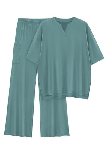 KIRUNDO Two Piece Sets for Women Lounge Set Airport Travel Summer Outfits 2026 Comfy Short Sleeve Top Matching Wide Leg Pants(Fruit Green, Medium) - Image 1
