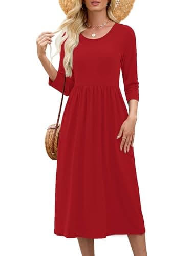 Heymoments Midi Dress for Women Red X-Large Wedding Guest A line Crewneck 3/4 Sleeves Casual Flowy Swing Cocktail Slimming Birthday Party Spring Fall Winter Travel Long Midi Dresses - Image 1