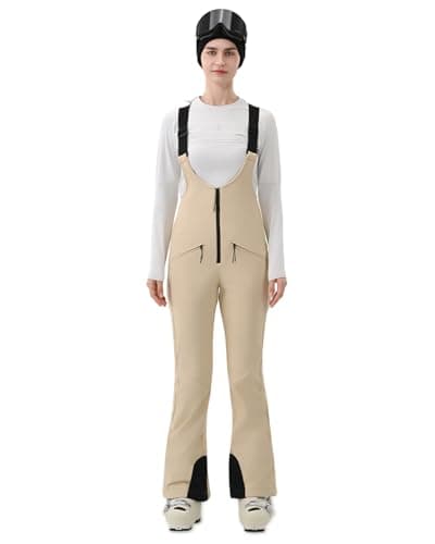 HIGH EXPERIENCE Womens Ski Bib Pants Skinny Soft Shell Snow Overalls Slim Fit Fitted Snowboard Insulated Waterproof Windproof (Light Khaki, X-Small) - Image 1