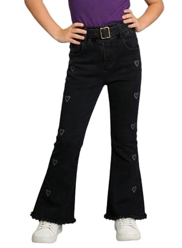 SELINK Girls High Waisted Flared Jeans Heart Embroidery Stretch Denim Pants for Kids 6-15Y Jet Black 6 - Image 1