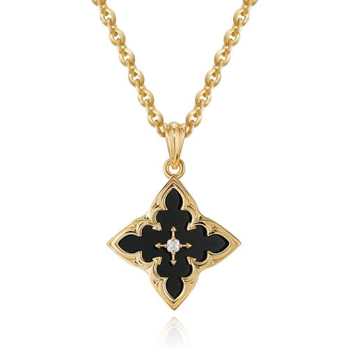 Fettero Gold Necklace for Women Dainty 14K Gold Plated Clover Necklace Colorful Lucky Pendant Charm Necklaces for Women Statement Jewelry - Black Onyx