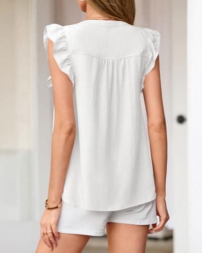 Zenlonr Women's Ruffle Short Sleeve Summer Tops 2026 V Neck Button Down Shirt Solid Color Going Out Tops White - Thumbnail 5