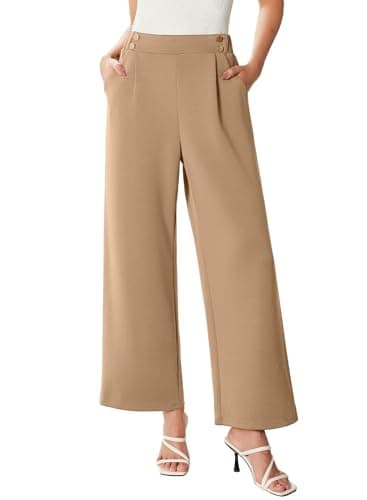 EVALESS Womens Khaki Work Pants Wide Leg High Waisted Business Casual Slacks Ladies Loose Stretchy Straight Double Button Pleated Dress Trousers Fall Fashion Pants with Pockets Plus Size XX-Large - Image 1