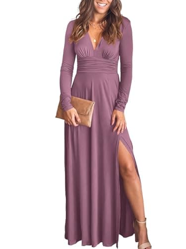 ANRABESS Women Deep V Neck Long Sleeve Slit 2026 Fall Elegant Formal Wedding Guest Cocktail Evening Date Prom Maxi Long Dress Pink XX-Large - Image 1