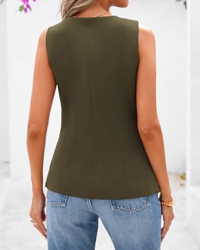 BTFBM Summer Sleeveless Blazer Vest for Women Dressy Button Down Round Neck Business Casual Outfits Work Suit Vests Tops(Army Green, Large) - Thumbnail 3