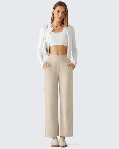 G4Free Women's Wide Leg Pants Ankle Length Wide Leg Trousers Crossover Waistband Stretch Workout Pants with Pockets Breathable(Light Khaki,L,Regular) - Thumbnail 5