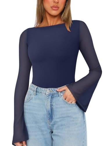 REORIA Women’s Fall Trendy Sexy Boat Neck Long Sleeve Sheer Mesh Slimming Going Out Bodysuit Tops For Vacation Starry Blue Medium - Image 1
