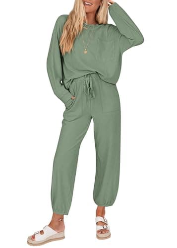 KIRUNDO Lounge Sets for Women 2026 Spring Airport Travel Outfits Ribbed Knit Tops Jogger Pants Tracksuit Postpartum Comfy Set(Bean Green, XX-Large) - Image 1